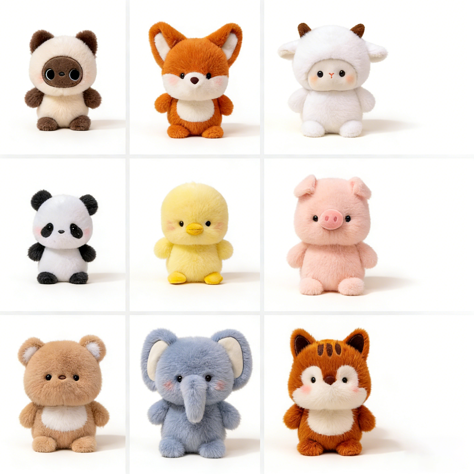 "Cute Animal Plush Toy Set (9 Pcs) - Soft Stuffed Panda/Fox/Pig/Elephant/Bear for Kids, Cuddly Gift for Bedroom Decor & Stress Relief"