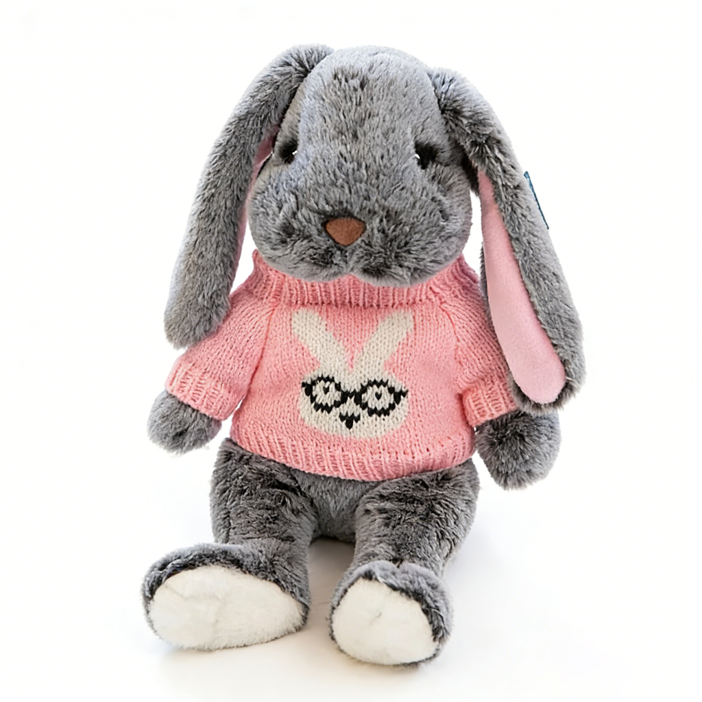 "Cute Long-Eared Bunny Plush Toy - Soft Stuffed Animal with Knit Sweater/Scarf | Adorable Kids Gift, Bedtime Companion (Multiple Colors)"
