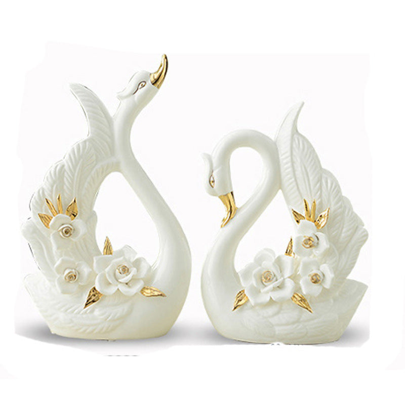 Elegant Ceramic Swan Couple Figurine Pair, Floral White Decorative Sculptures for Shelves, Weddings and Thoughtful Home Gifts