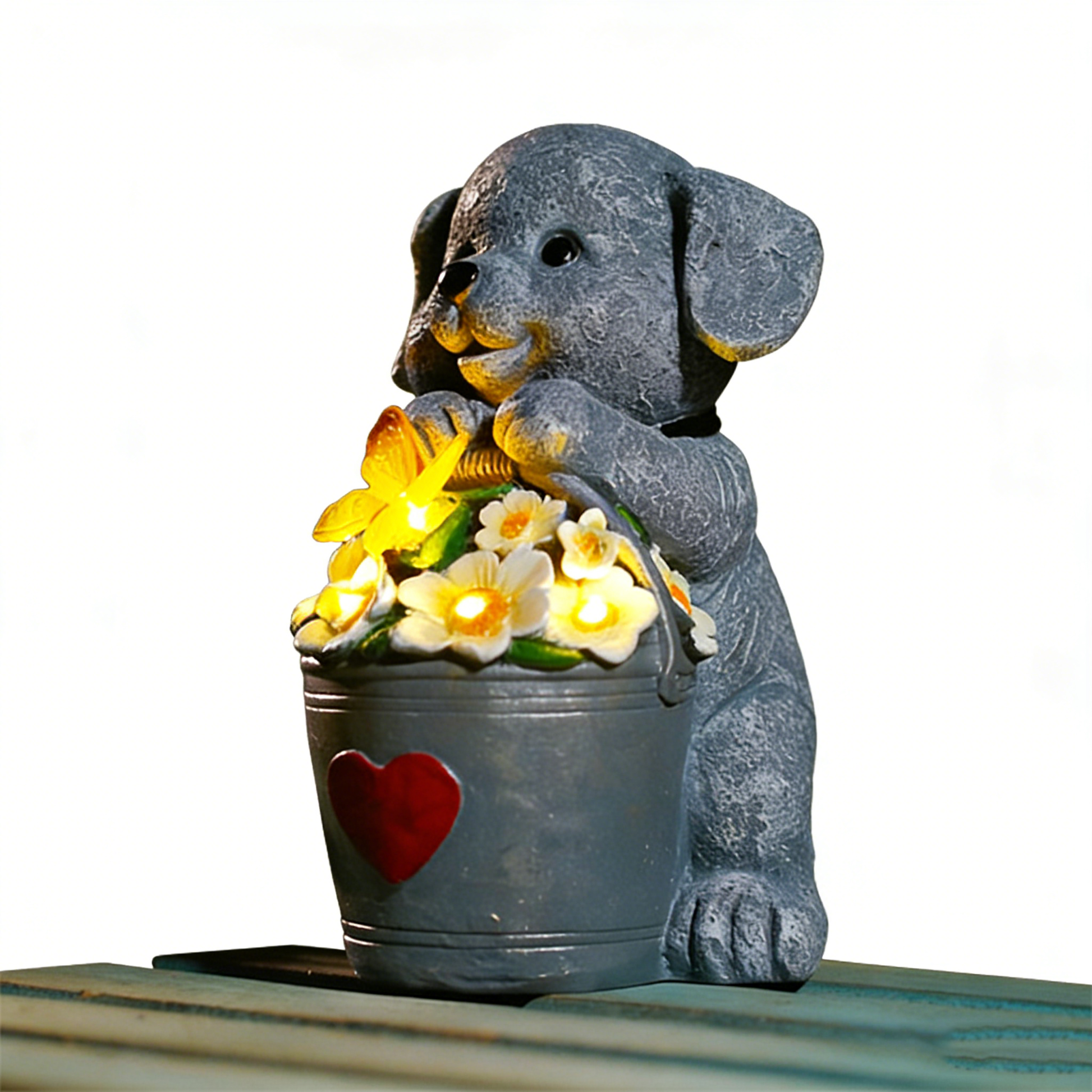 Solar Powered Puppy Resin Garden Statue with LED Lights - Cute Animal Decor for Outdoor/Indoor | Pet Lover Gift