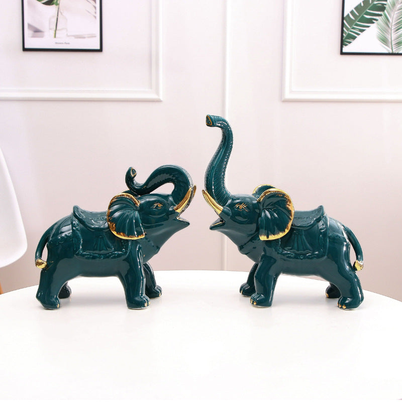Ceramic Elephant Figurines Pair (2pc) - Good Luck Prosperity Decor | Smooth Stable Home Office Shelf Accents | Green/White Medium Size with Gold Details