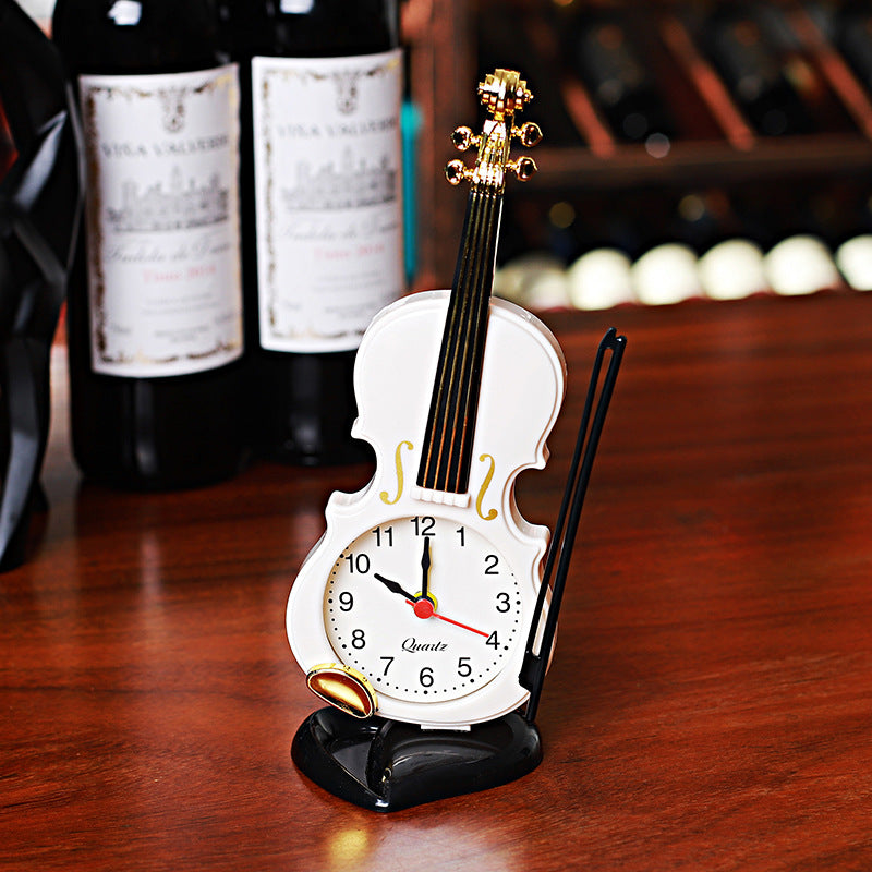 Decorative Violin Clock-Face Figurine, Mini Musical Instrument Desk Ornament for Shelves, Workspaces and Music Lover Gifts (Non-Working)