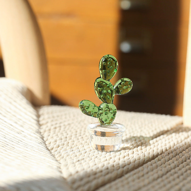 Mini Glass Cactus Figurine, Colorful Botanical Tabletop Accent for Desks, Shelves and Sunny Little Corners