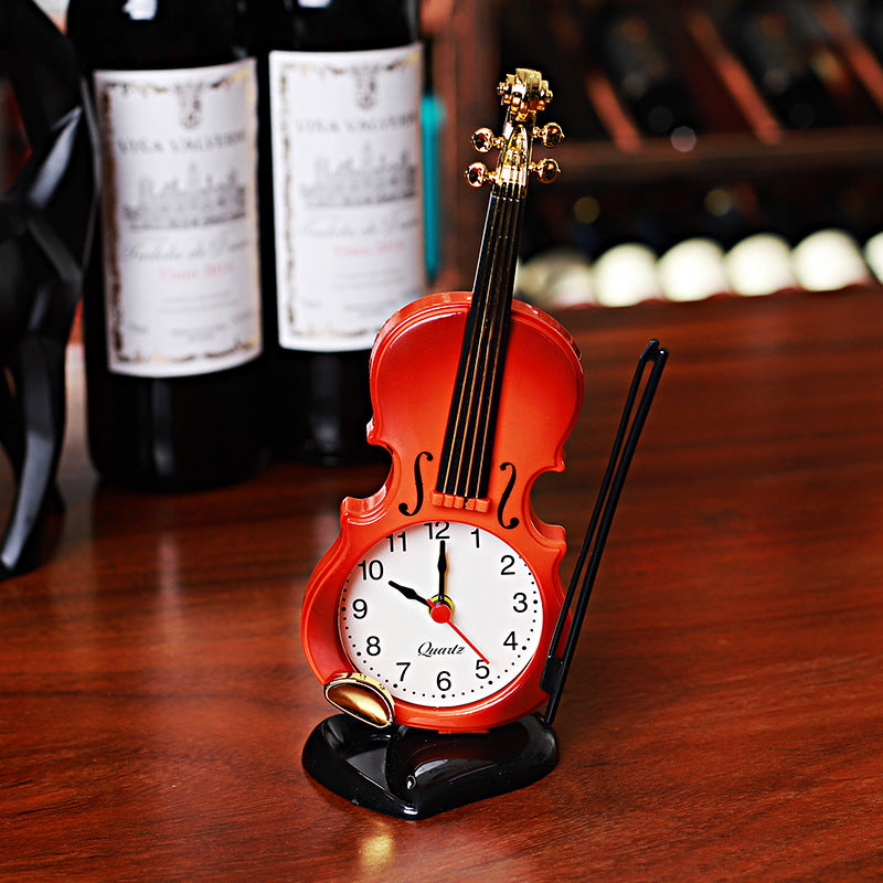Decorative Violin Clock-Face Figurine, Mini Musical Instrument Desk Ornament for Shelves, Workspaces and Music Lover Gifts (Non-Working)