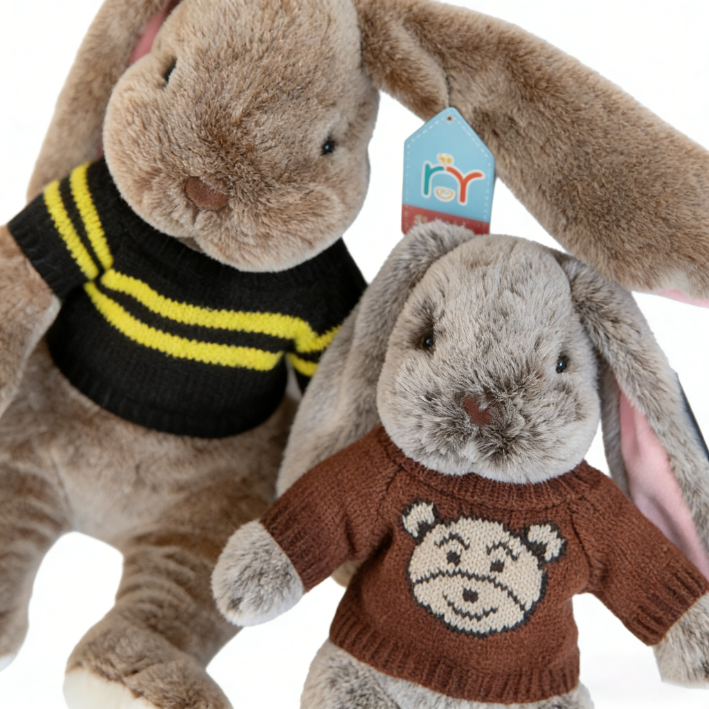 "Cute Long-Eared Bunny Plush Toy - Soft Stuffed Animal with Knit Sweater/Scarf | Adorable Kids Gift, Bedtime Companion (Multiple Colors)"