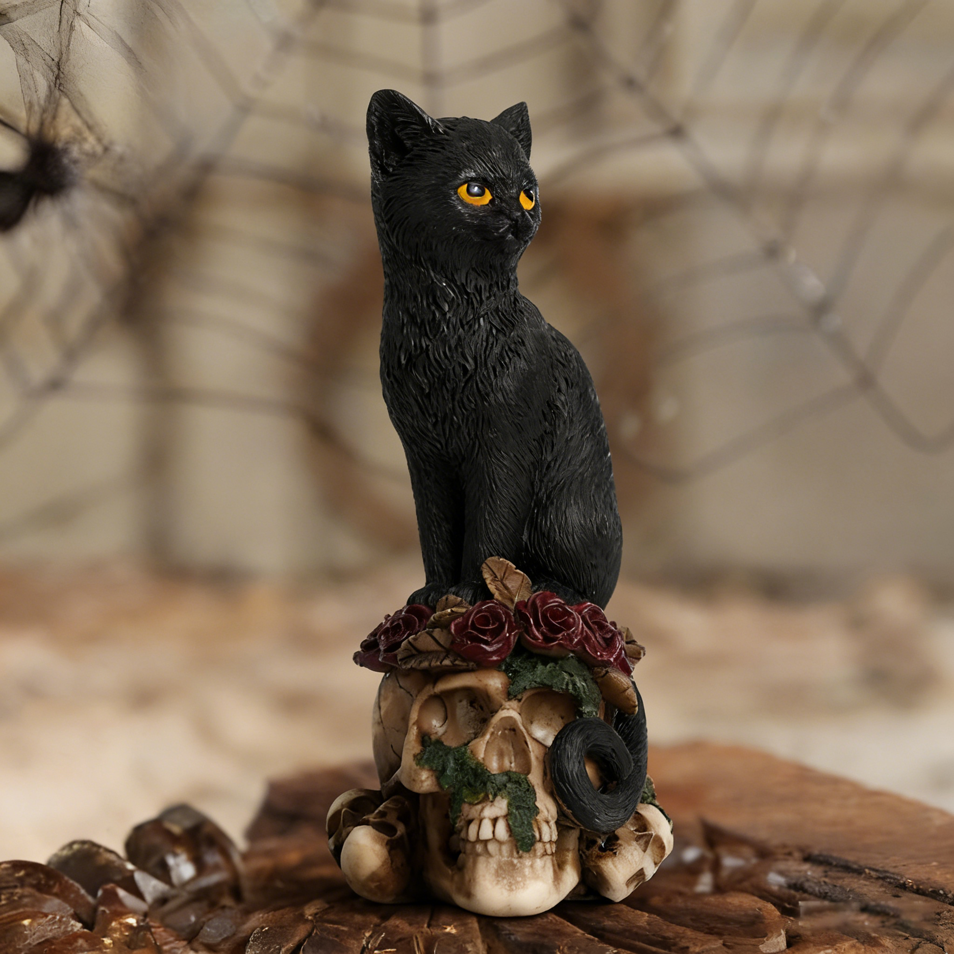 Dark Gothic Skull Cat & Crow Statue - Edgy Aesthetic Decor for Home, Office, or Halloween Spooky Prop