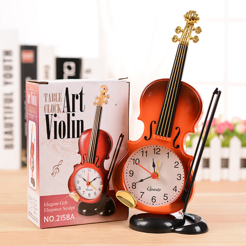 Decorative Violin Clock-Face Figurine, Mini Musical Instrument Desk Ornament for Shelves, Workspaces and Music Lover Gifts (Non-Working)