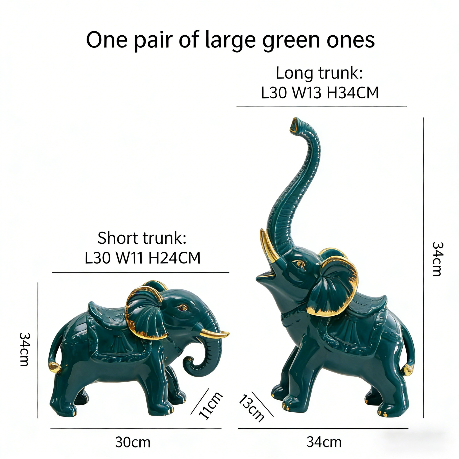 Ceramic Elephant Figurines Pair (2pc) - Good Luck Prosperity Decor | Smooth Stable Home Office Shelf Accents | Green/White Medium Size with Gold Details