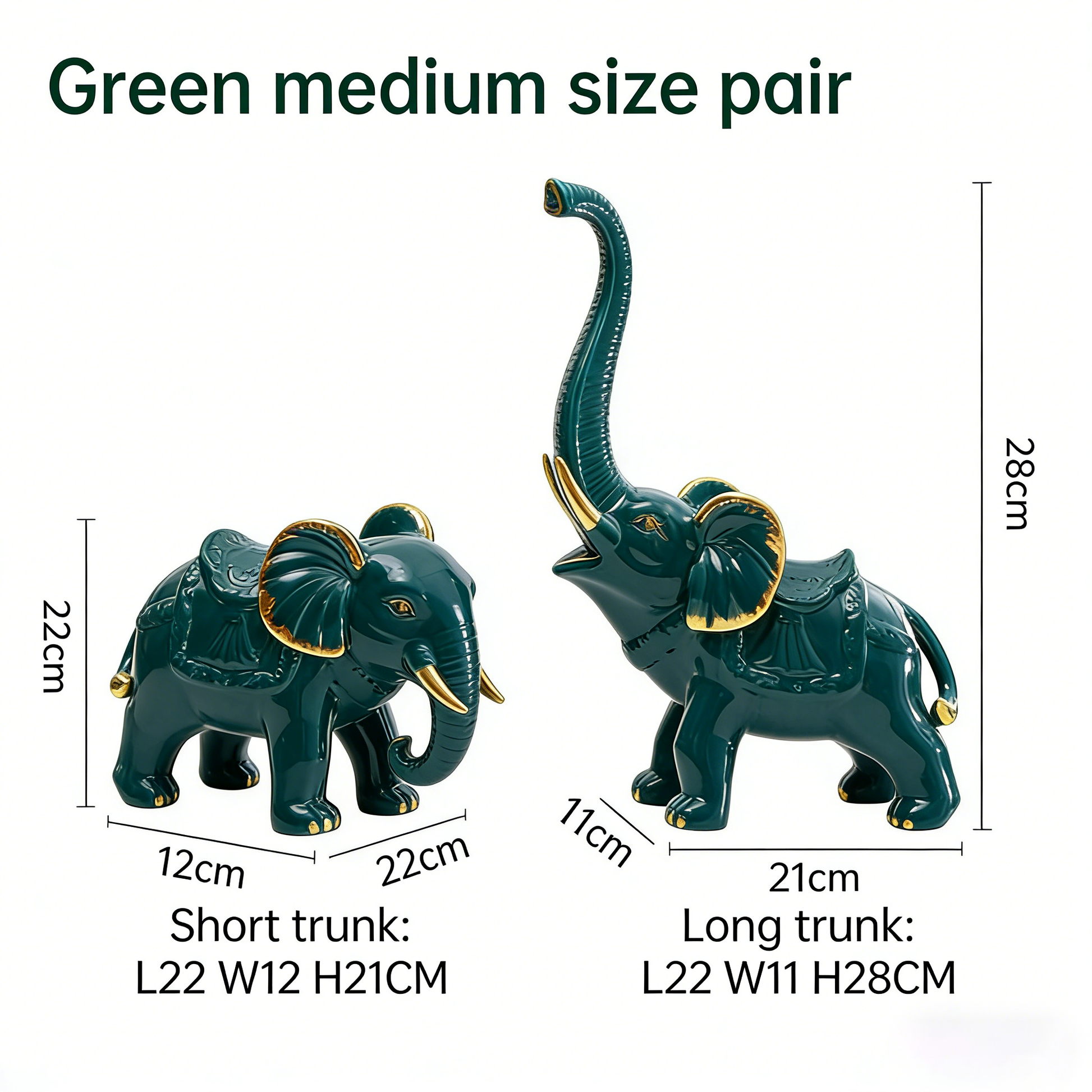 Ceramic Elephant Figurines Pair (2pc) - Good Luck Prosperity Decor | Smooth Stable Home Office Shelf Accents | Green/White Medium Size with Gold Details