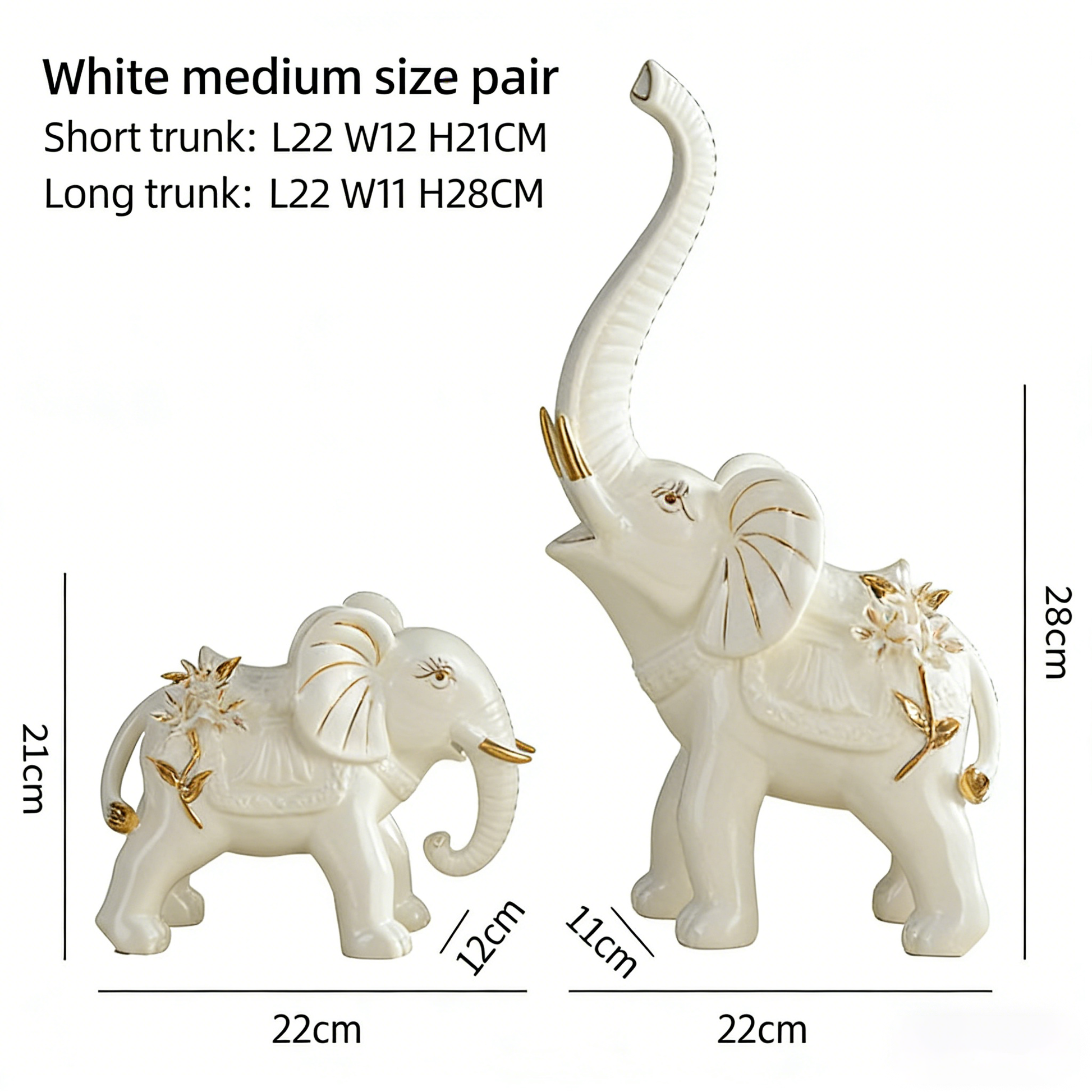 Ceramic Elephant Figurines Pair (2pc) - Good Luck Prosperity Decor | Smooth Stable Home Office Shelf Accents | Green/White Medium Size with Gold Details