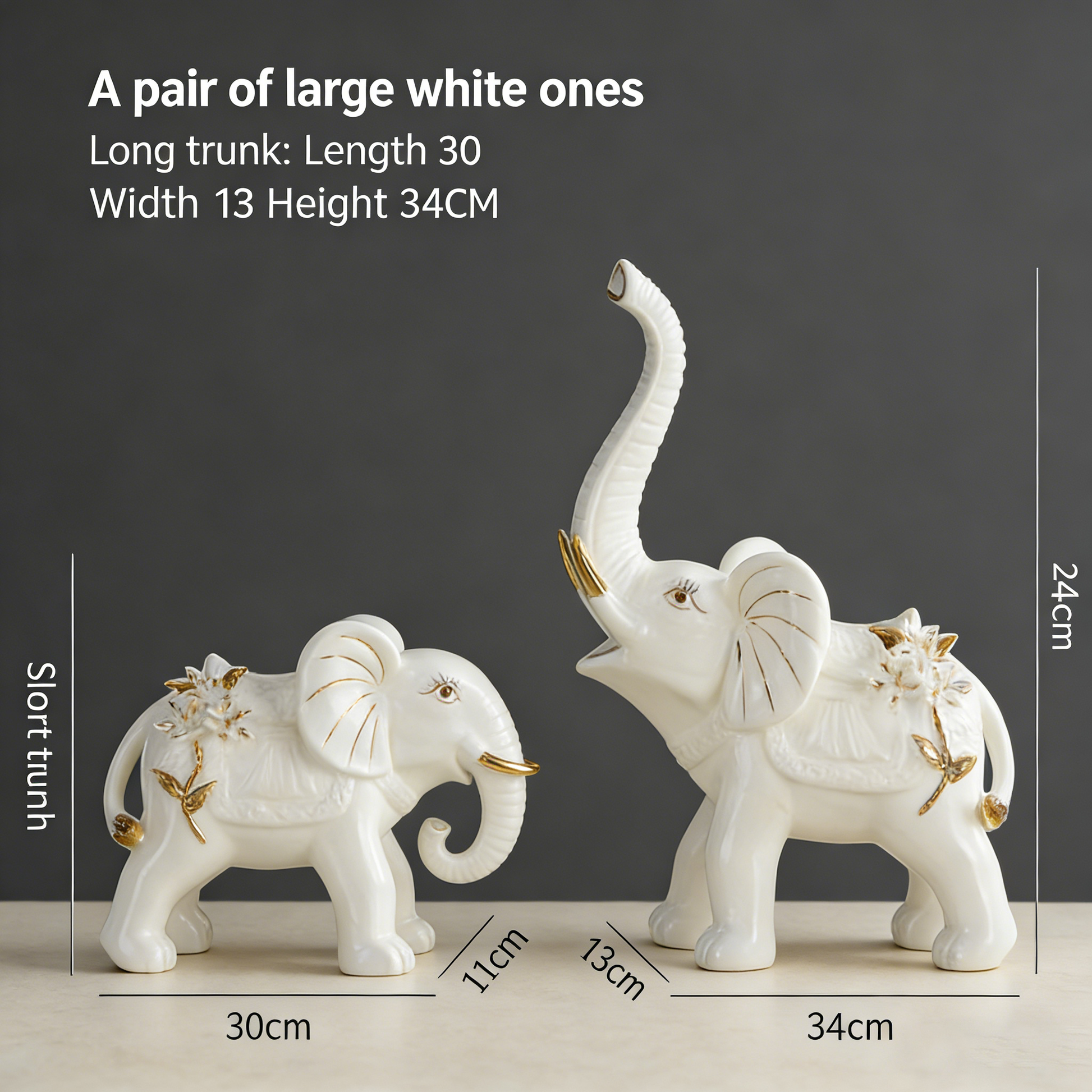 Ceramic Elephant Figurines Pair (2pc) - Good Luck Prosperity Decor | Smooth Stable Home Office Shelf Accents | Green/White Medium Size with Gold Details