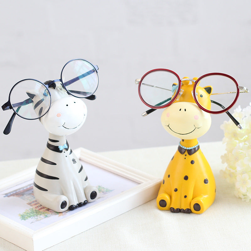 Animal Eyeglass Holder Figurine, Playful Zebra Giraffe Hippo or Sheep Glasses Stand for Desks, Nightstands and Gifts