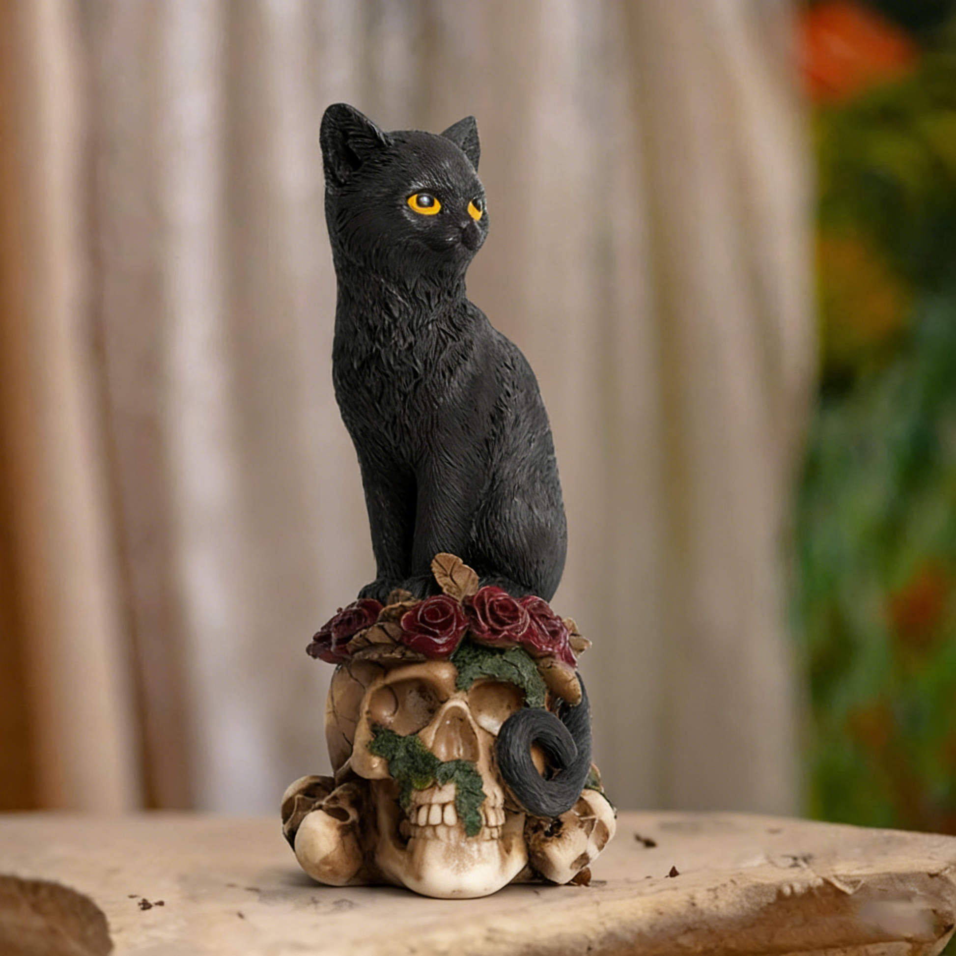 Dark Gothic Skull Cat & Crow Statue - Edgy Aesthetic Decor for Home, Office, or Halloween Spooky Prop