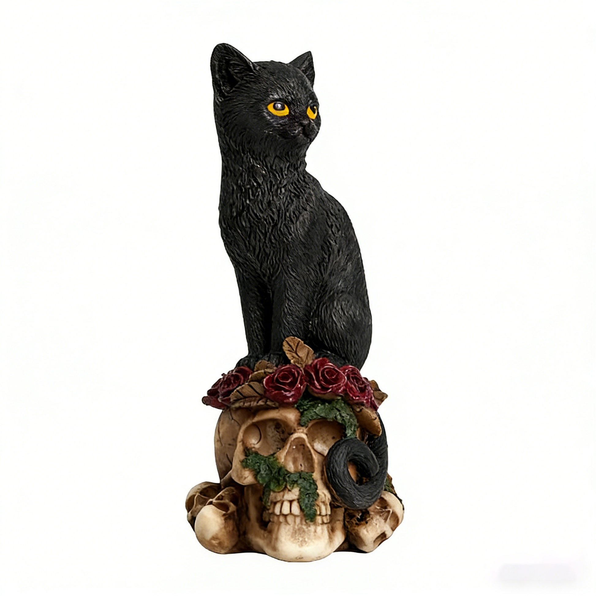 Dark Gothic Skull Cat & Crow Statue - Edgy Aesthetic Decor for Home, Office, or Halloween Spooky Prop