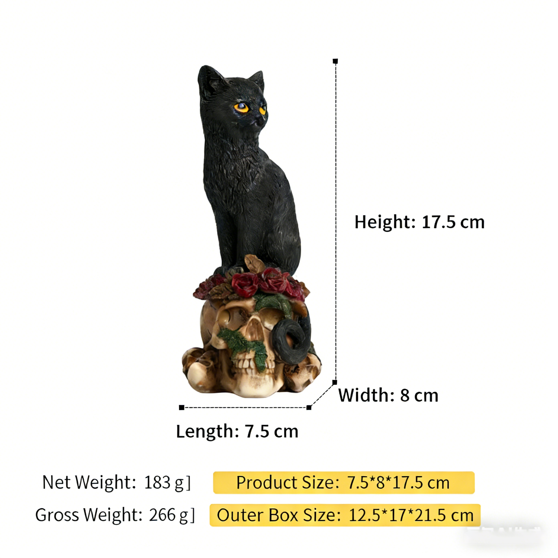 Dark Gothic Skull Cat & Crow Statue - Edgy Aesthetic Decor for Home, Office, or Halloween Spooky Prop