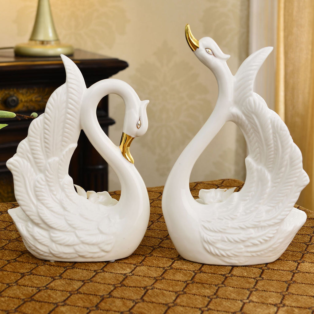 Elegant Ceramic Swan Couple Figurine Pair, Floral White Decorative Sculptures for Shelves, Weddings and Thoughtful Home Gifts