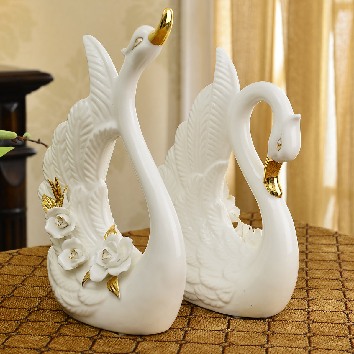 Elegant Ceramic Swan Couple Figurine Pair, Floral White Decorative Sculptures for Shelves, Weddings and Thoughtful Home Gifts