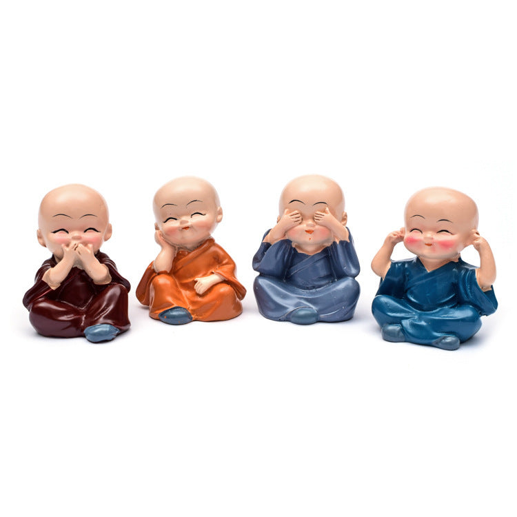 Four Little Monk Car Accent Figurines, Resin Dashboard Decor Set for Peaceful Daily Drives and Thoughtful Gifts