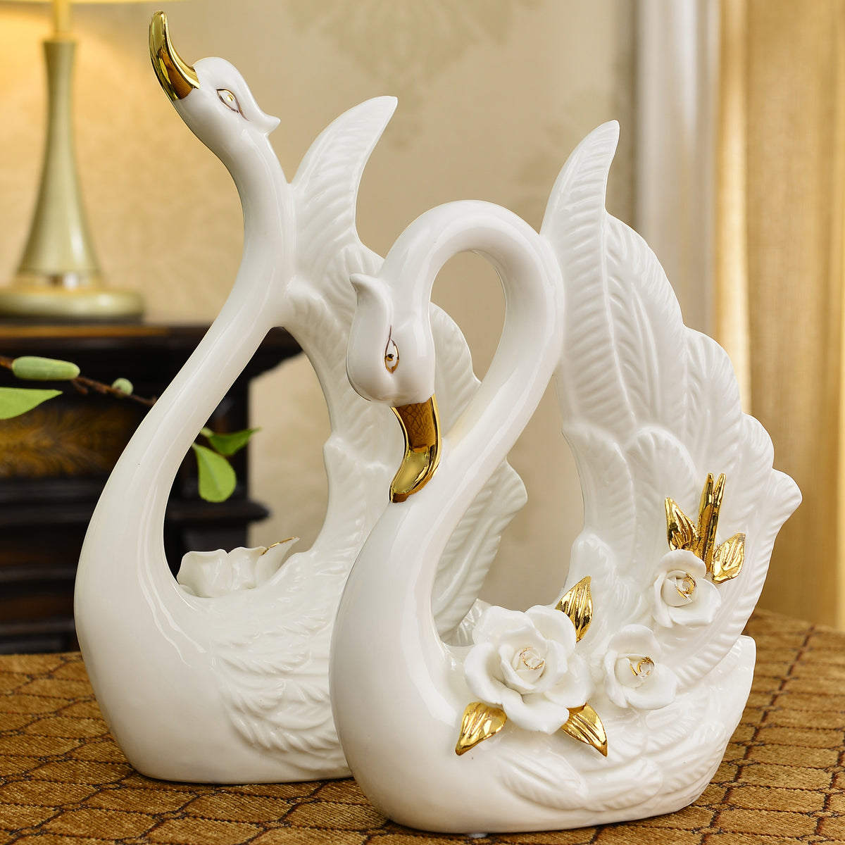 Elegant Ceramic Swan Couple Figurine Pair, Floral White Decorative Sculptures for Shelves, Weddings and Thoughtful Home Gifts