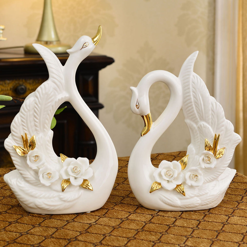 Elegant Ceramic Swan Couple Figurine Pair, Floral White Decorative Sculptures for Shelves, Weddings and Thoughtful Home Gifts