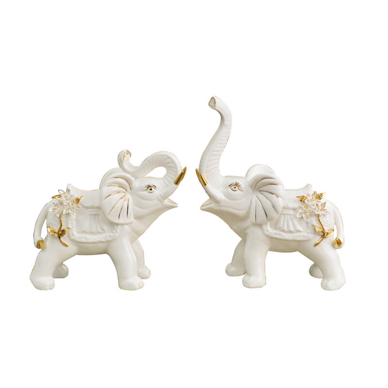 Ceramic Elephant Figurines Pair (2pc) - Good Luck Prosperity Decor | Smooth Stable Home Office Shelf Accents | Green/White Medium Size with Gold Details