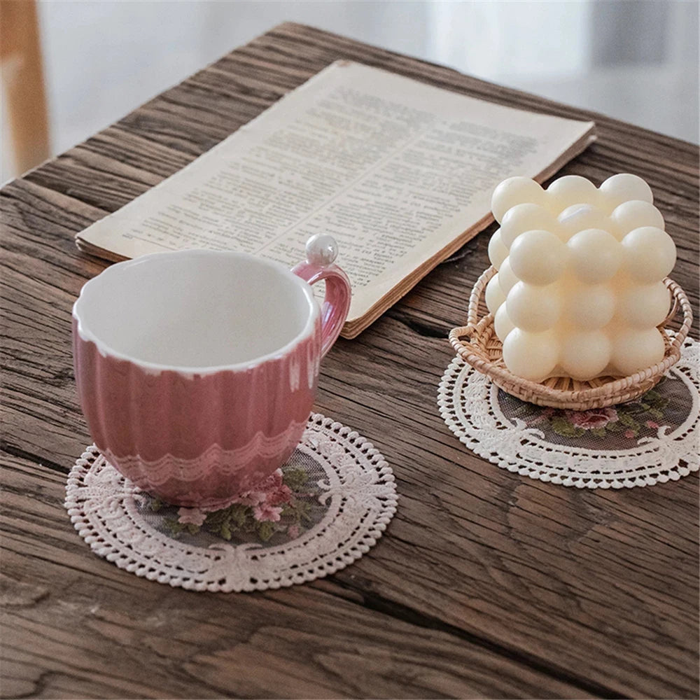 Vintage Embroidered Lace Drink Coaster, 12 cm Cotton Blend Cup Mat for Tea Tables, Coffee Mugs and Soft Cottage Decor
