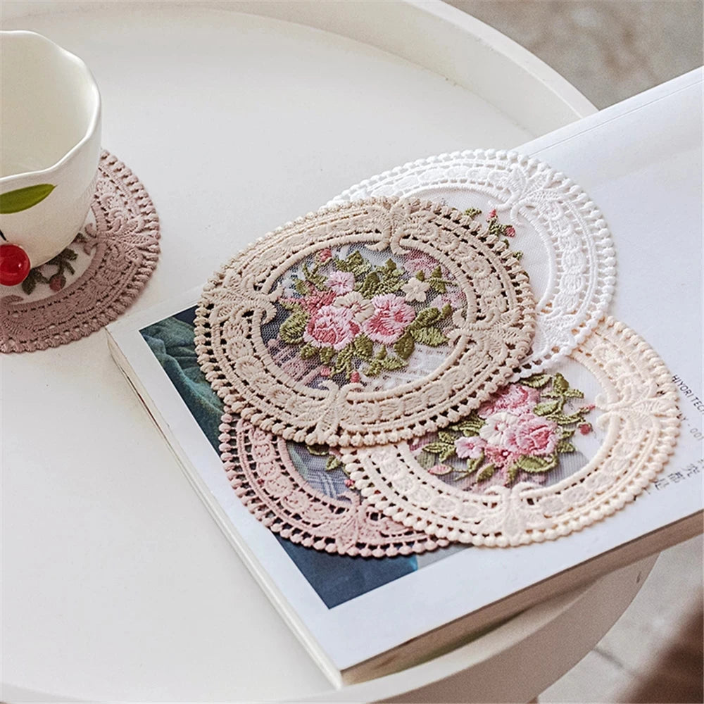 Vintage Embroidered Lace Drink Coaster, 12 cm Cotton Blend Cup Mat for Tea Tables, Coffee Mugs and Soft Cottage Decor