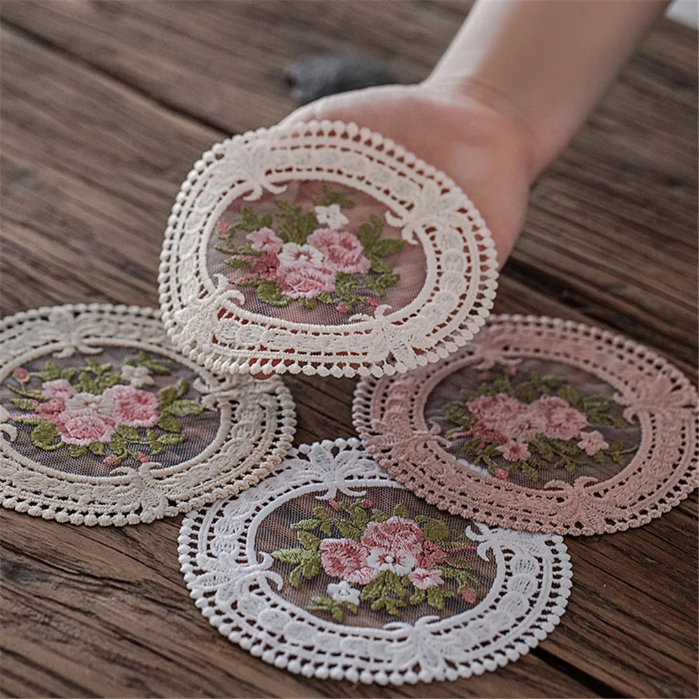 Vintage Embroidered Lace Drink Coaster, 12 cm Cotton Blend Cup Mat for Tea Tables, Coffee Mugs and Soft Cottage Decor