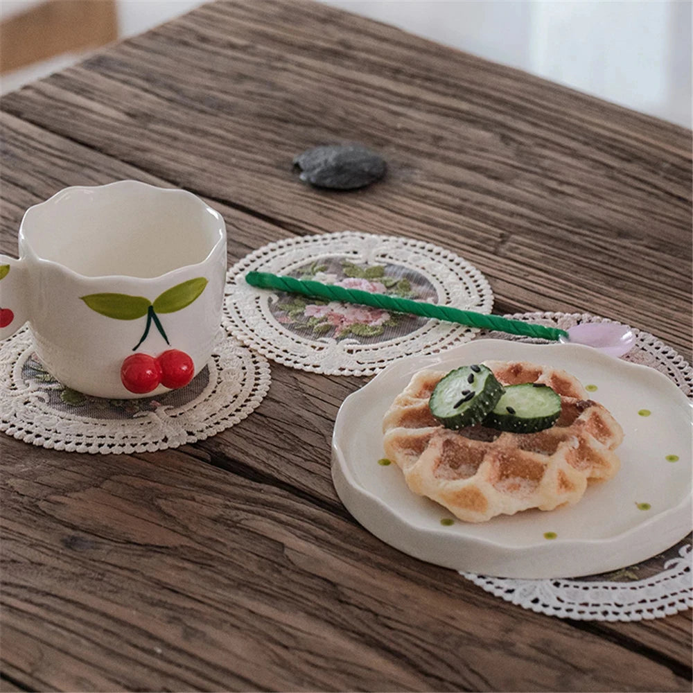 Vintage Embroidered Lace Drink Coaster, 12 cm Cotton Blend Cup Mat for Tea Tables, Coffee Mugs and Soft Cottage Decor