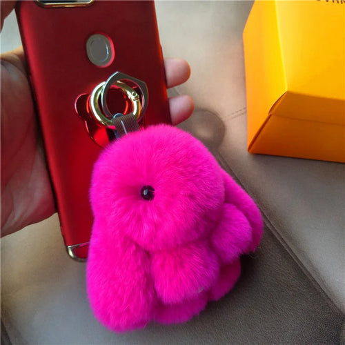 Angel Bunny Plush Keychain – Faux-Fur Pom-Pom Bag Charm (13 cm)