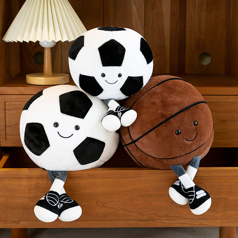 Smiling Sports Ball Plush Toy, 25 cm Soccer, Basketball or Rugby Ball with Dangling Legs for Playful Gifts and Cozy Rooms
