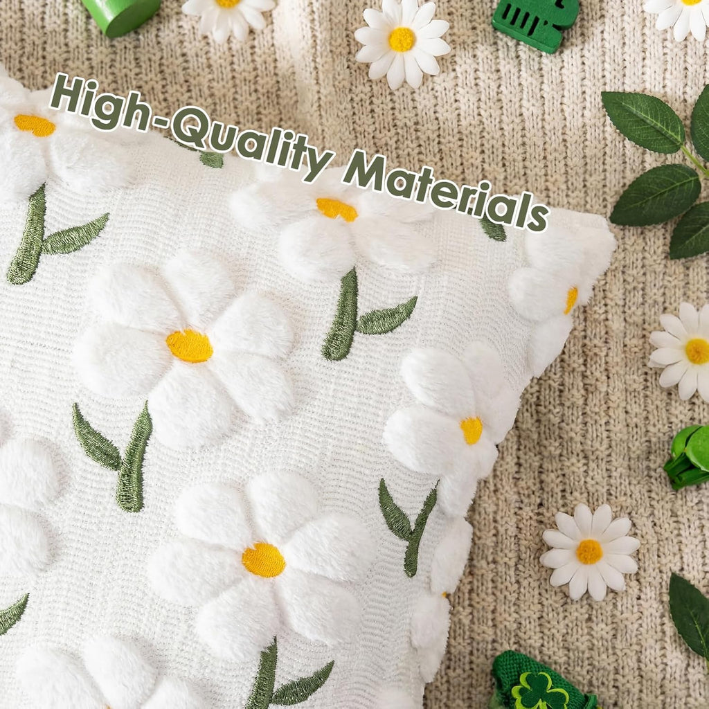 Raised Daisy Embroidered Pillow Cover, 18 x 18 Inch Floral Cushion Case for Cozy Sofas, Bedrooms and Spring Home Decor