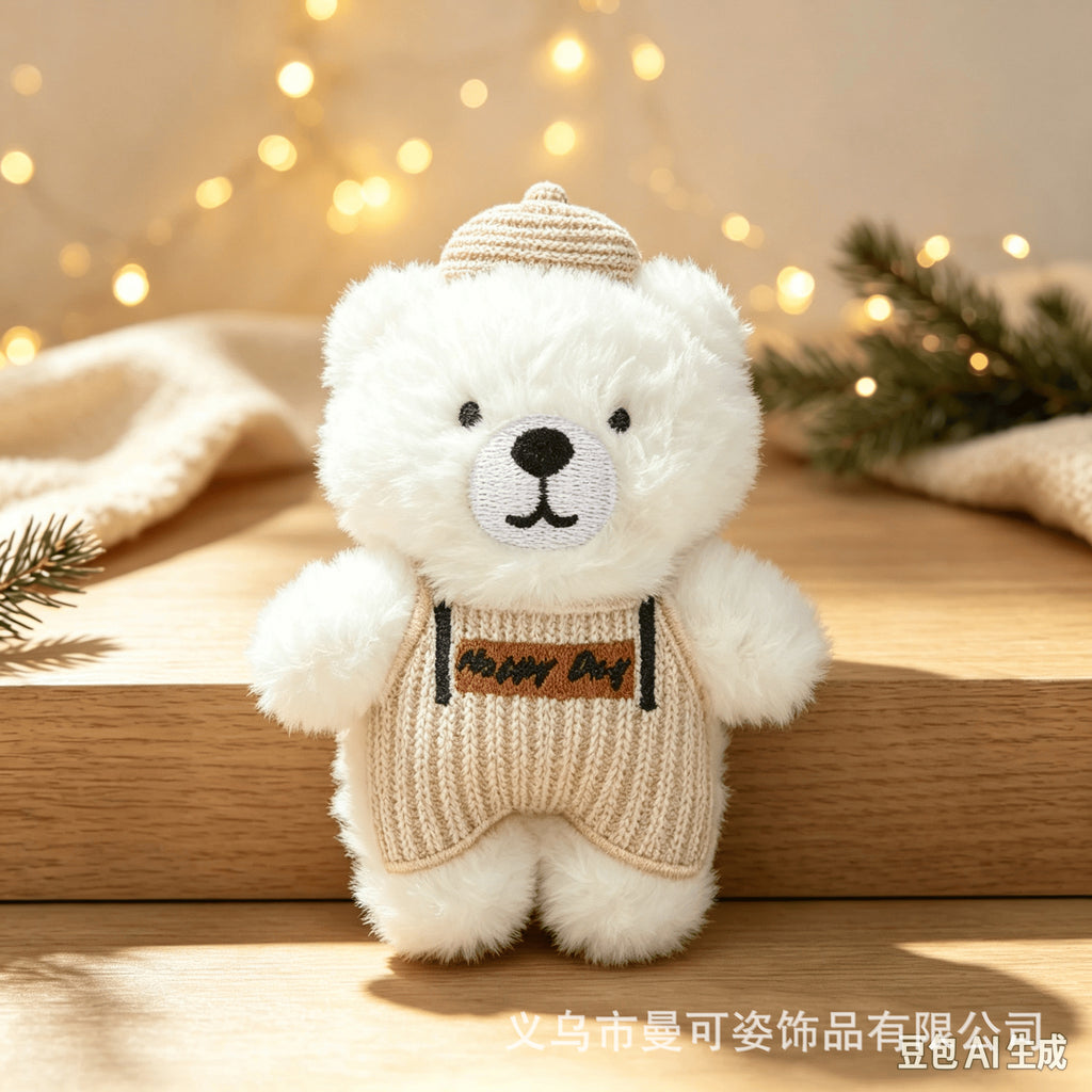 Mini Overall Bear Plush Charm, Brown Yellow or White Teddy with Cap and Optional Bag Attachment for Cozy Gifts