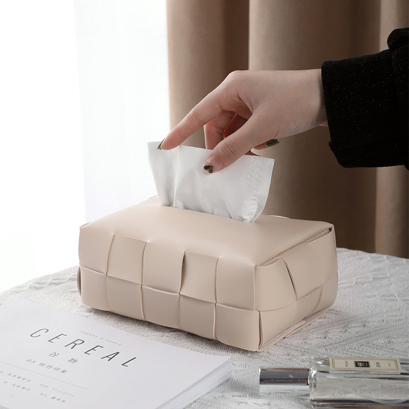 Woven-Look Tissue Box Cover, Soft Sculptural Tabletop Tissue Holder in Black Check, Beige Check, Milk Tea or Gray for Modern Living Rooms