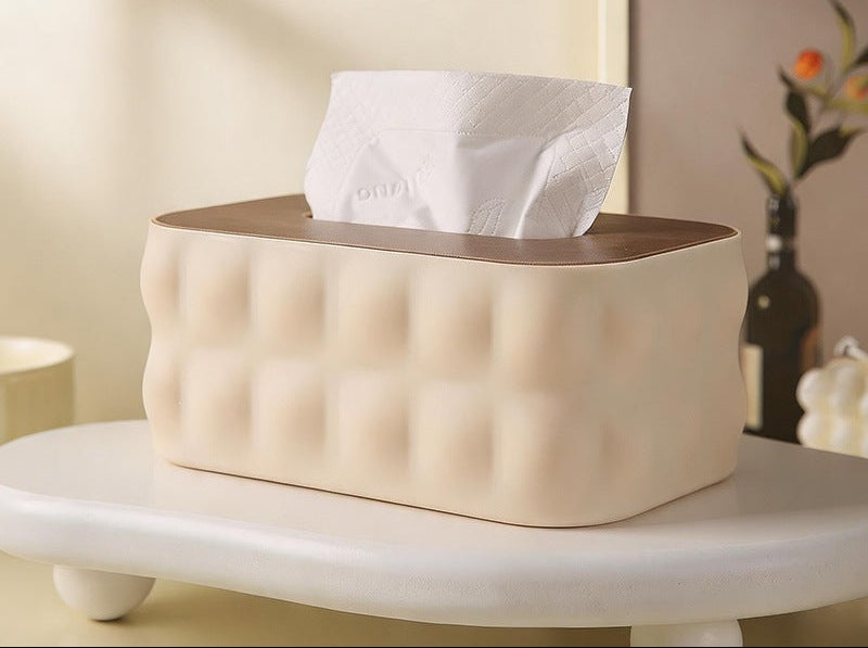 Decorative Tissue Box Cover with Wood-Look Lid, Quilted, Wave, Floral or Rounded Styles in Beige, White, Olive Green and Gray