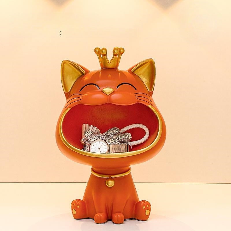 Crowned Cat Catchall Figurine, Playful Open Mouth Jewelry and Key Holder in Four Colors for Desks, Entryways and Gifts