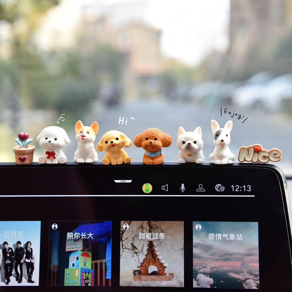 Six Tiny Dog Dashboard Figurines Set with Heart Planter, NICE Sign and Orange Accent | Cute Car Interior Decor