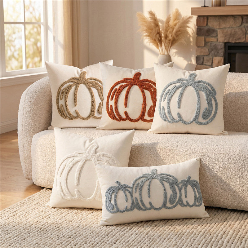 Embroidered Pumpkin Pillow Cover | Textured Autumn Cushion Case in Eight Designs for Cozy Sofas, Bedrooms and Fall Decor