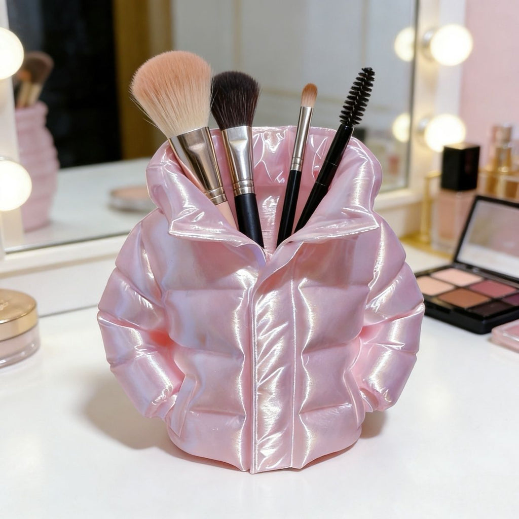 Puffer Jacket Pen Holder, Playful Quilted Coat Pencil Cup for Desks in White, Black, Pink, Purple or Blue