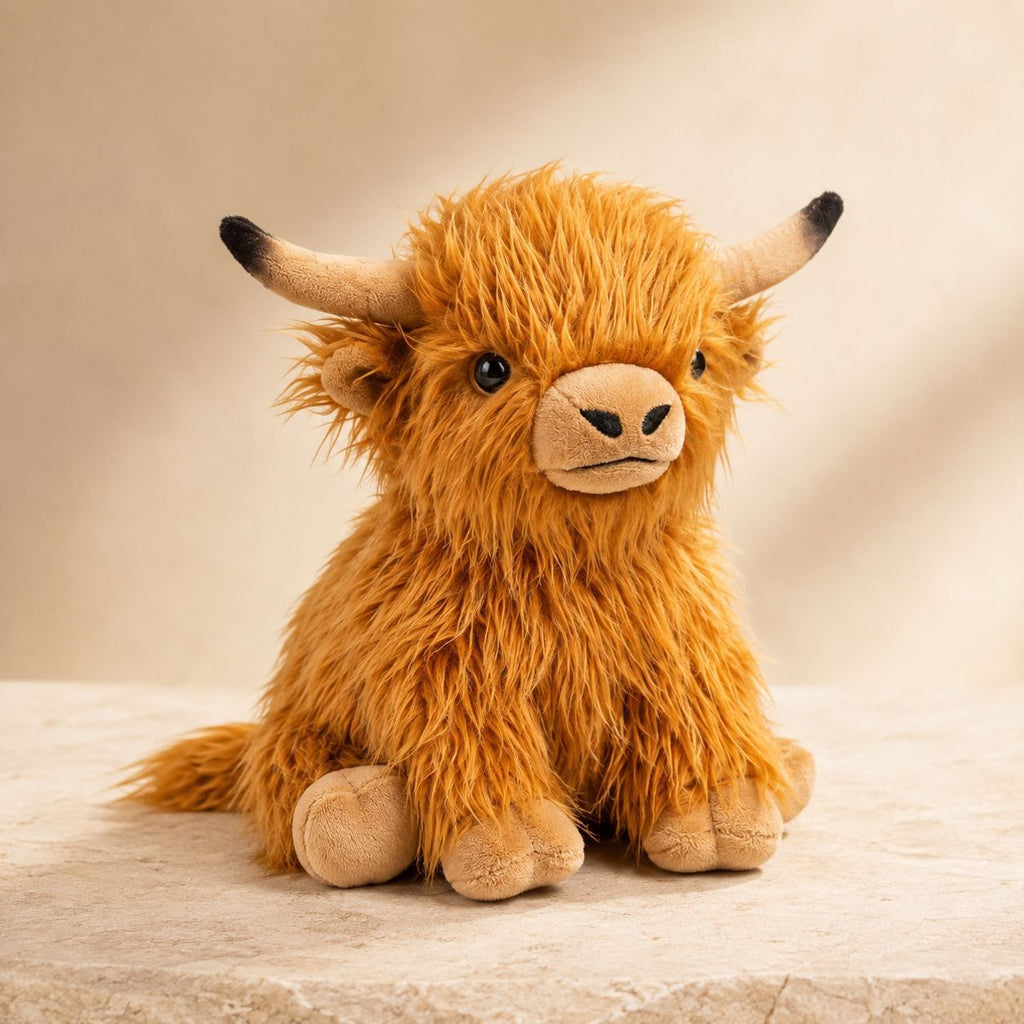 Highland Cow Plush Toy, 25 cm Shaggy Stuffed Animal in Khaki, Black, White or Pink for Cozy Gifts