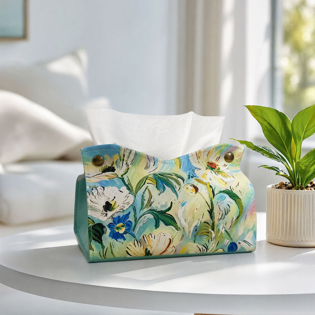 Botanical Print Tissue Box Cover, Soft Floral and Coastal Pattern Tissue Holder for Living Rooms, Bedrooms and Thoughtful Home Decor