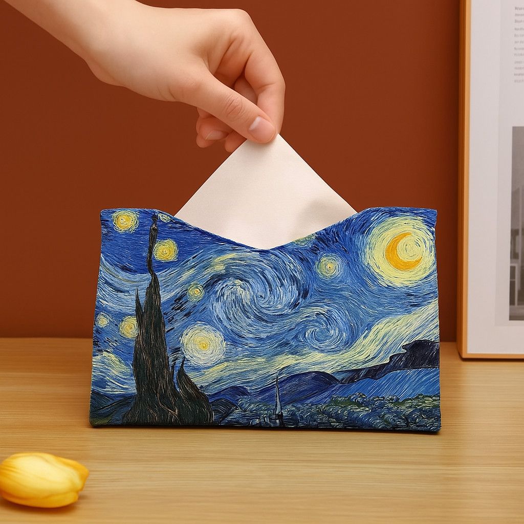 Gallery-Inspired Tissue Box Cover Set of 7, Art-Print Tissue Sleeves with Night Sky, Floral, Portrait and Botanical Designs for Living Rooms and Desks