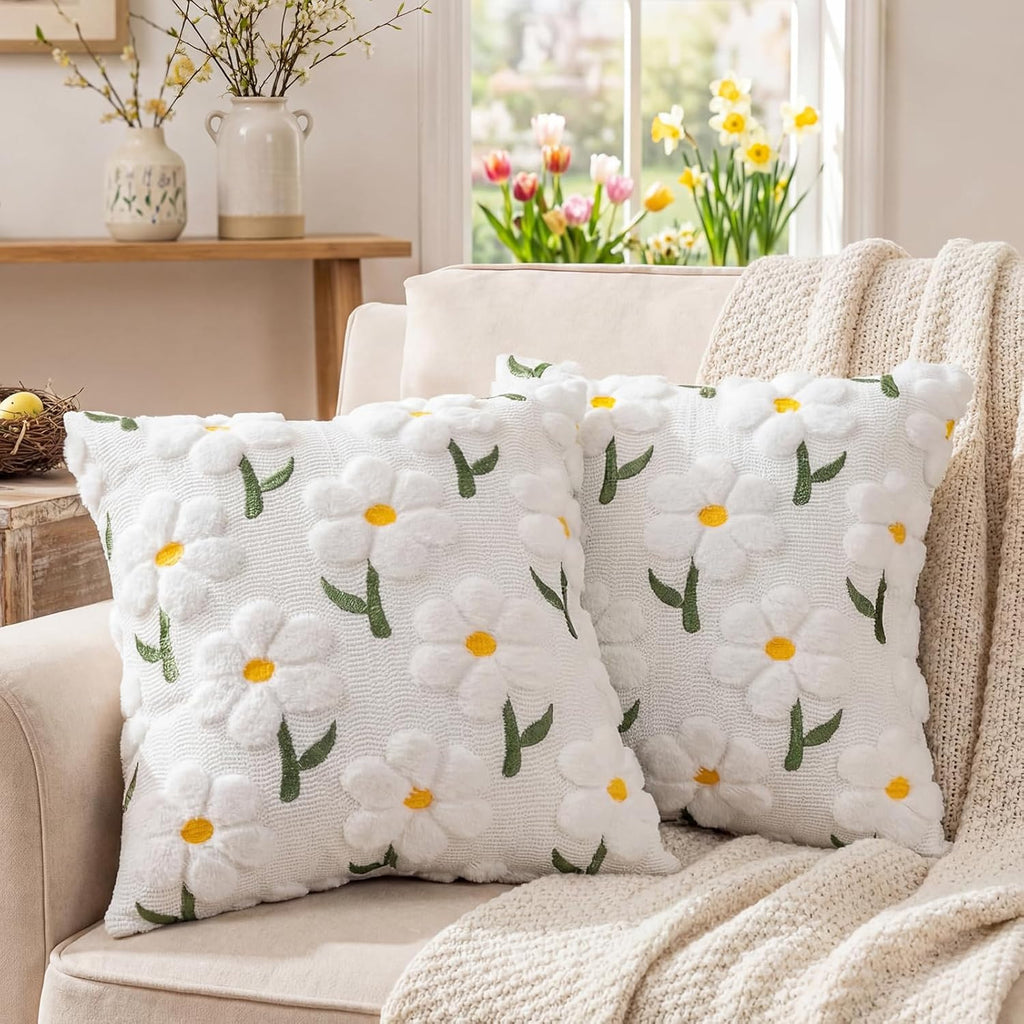 Raised Daisy Embroidered Pillow Cover, 18 x 18 Inch Floral Cushion Case for Cozy Sofas, Bedrooms and Spring Home Decor