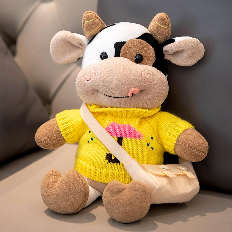 Cozy Cow Plush Toy, 30 cm Black-and-White Calf in Six Outfits for Nursery Shelves and Animal Lover Gifts
