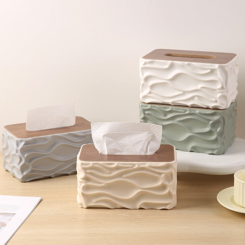 Decorative Tissue Box Cover with Wood-Look Lid, Quilted, Wave, Floral or Rounded Styles in Beige, White, Olive Green and Gray