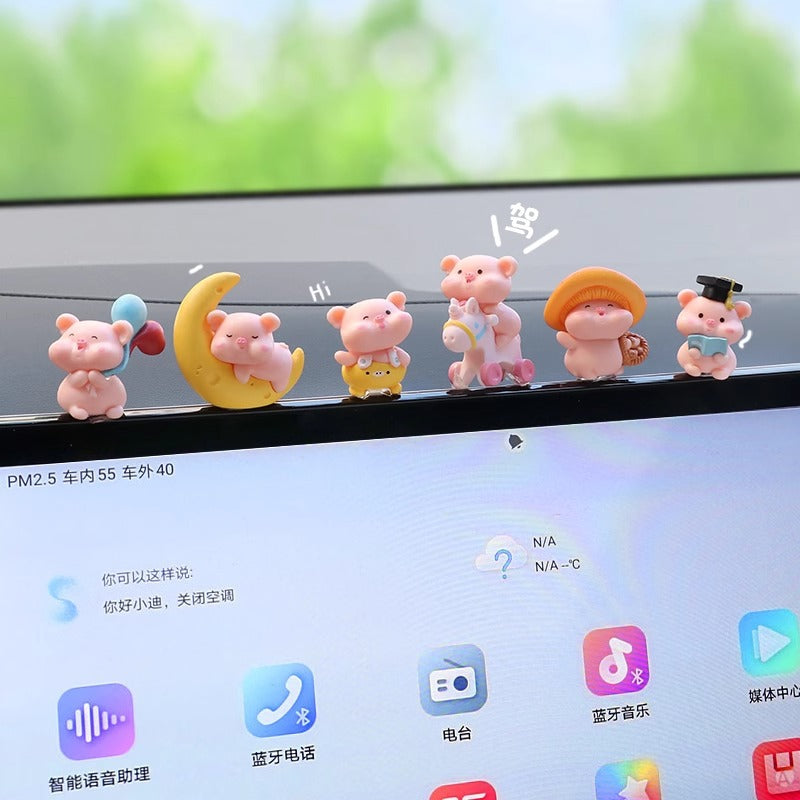 Playful Mini Pig Dashboard Figurines, 8-Piece Good Luck Car Accent Set in Determined or Happy Style for Desks and Gifts