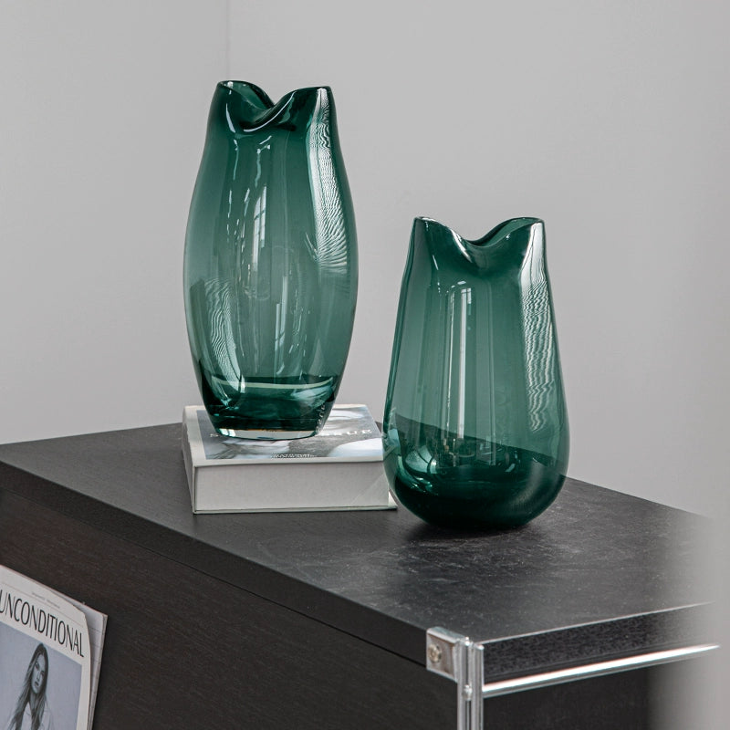 Blue handmade transparent fish mouth glass vase