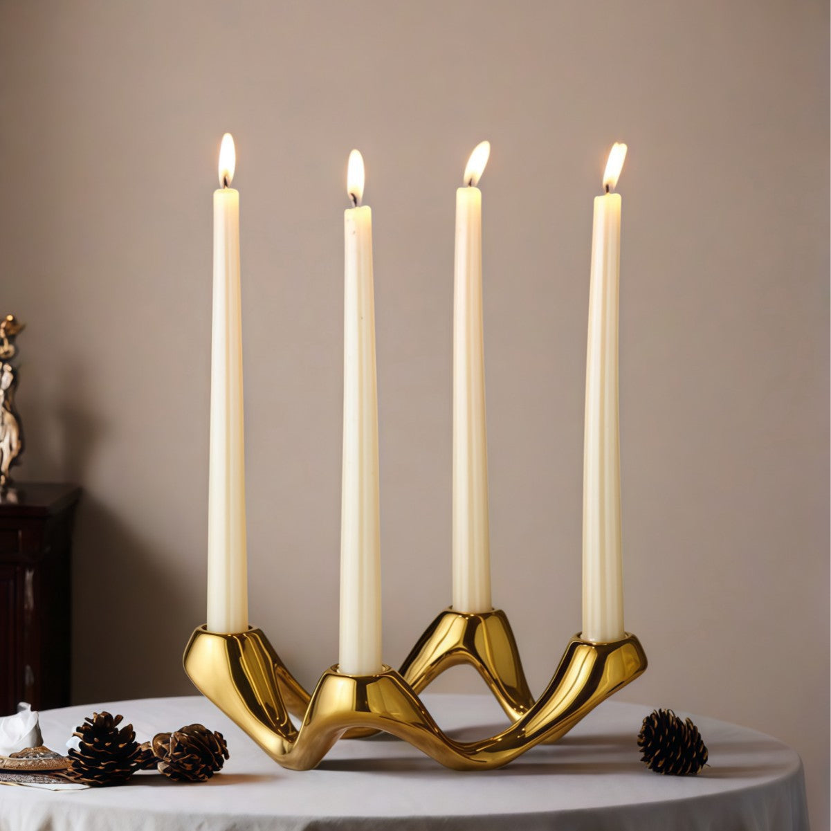 Wave Design 4-Hole Ceramic Candelabra – Gold/Silver Taper Candle Holder for Home & Event Decor