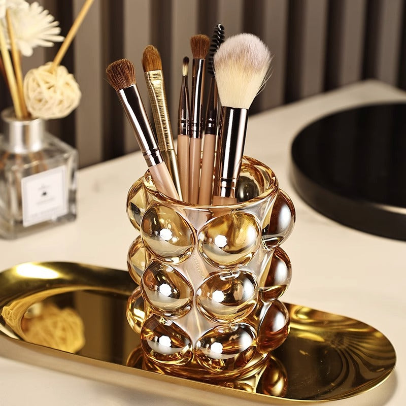 Sculptural Bubble Glass Pen Holder, Clear, Amber, Smoke or Iridescent Desk Cup for Brushes and Creative Workspaces