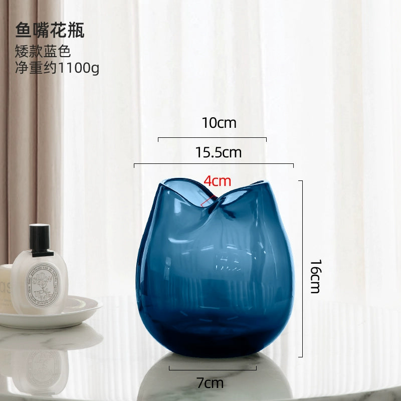 Blue handmade transparent fish mouth glass vase